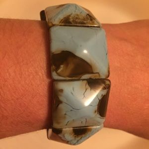 Vintage Faux Turquoise Chunk Beaded Bracelet Blue Brown Square Goudy Retro 80’s